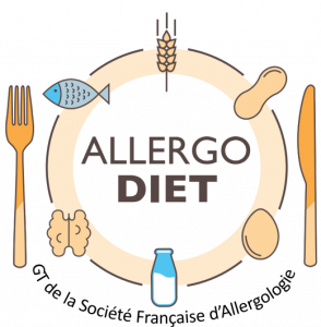 Logo AllergoDiet composé d'une assiette et entouré de couverts avec symbole d'un poisson, épi de blé, cacahuète, amande, lait et noix