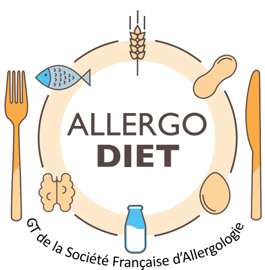 Logo AllergoDiet composé d'une assiette et entouré de couverts avec symbole d'un poisson, épi de blé, cacahuète, amande, lait et noix