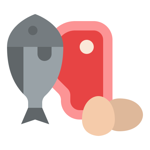 Illustration d'un poisson, d'une pièce de viande et de deux oeufs